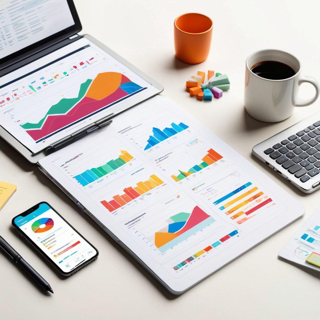 A sleek, modern workspace featuring a laptop displaying colorful graphs and charts related to subscription management. A notepad with handwritten notes on billing automation is open next to it, while a smartphone shows reminders for automatic renewals. The background includes subtle hints of gears and digital interfaces to symbolize automation. Bright and engaging color palette. vector art. vibrant colors. white background.
