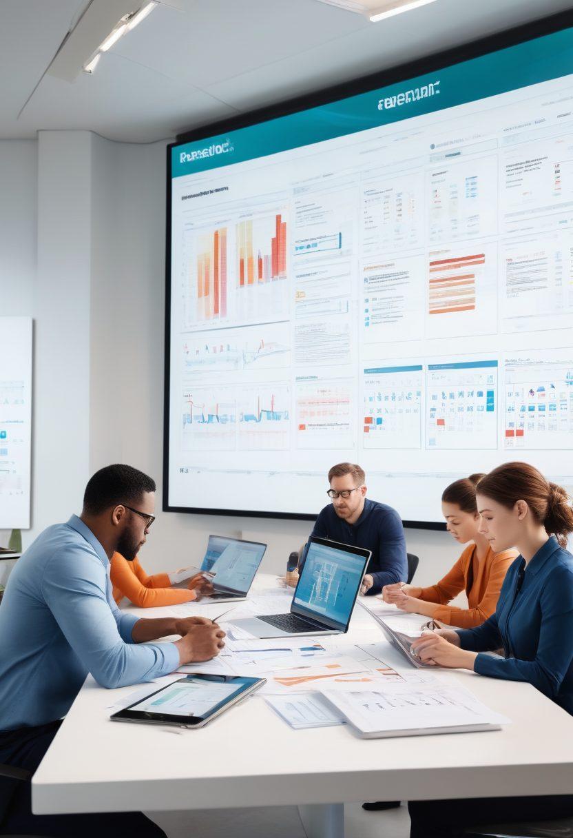 A dynamic scene showcasing a diverse group of people from different professions collaborating around a large table filled with digital devices, graphs, and charts depicting soaring subscription numbers. In the background, a calendar highlights recurring subscription dates, symbolizing continuity. The room is bright and modern, filled with inspirational quotes on the walls about success and teamwork. Emphasize a sense of energy and innovation with a futuristic touch. super-realistic. vibrant colors. white background.