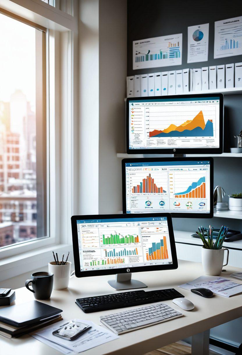 A sleek, modern workspace with a computer screen displaying a billing automation dashboard filled with graphs and charts. Surrounding the desk are financial documents, a calculator, and coffee, symbolizing efficiency. Soft light streaming through a window, creating a focus on the technology. Show a peaceful atmosphere that blends productivity with tranquility. 3D. vibrant colors.